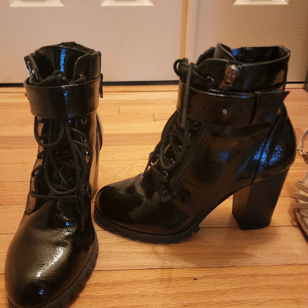 Womens black patent leather 3.5" combat boot